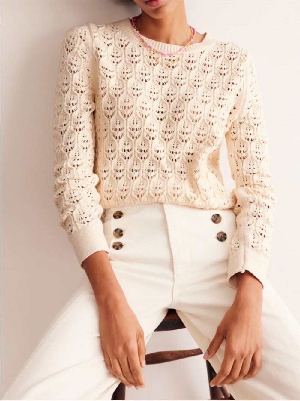 Boden Cream Openwork Knit Cotton Cropped Crew Sweater small